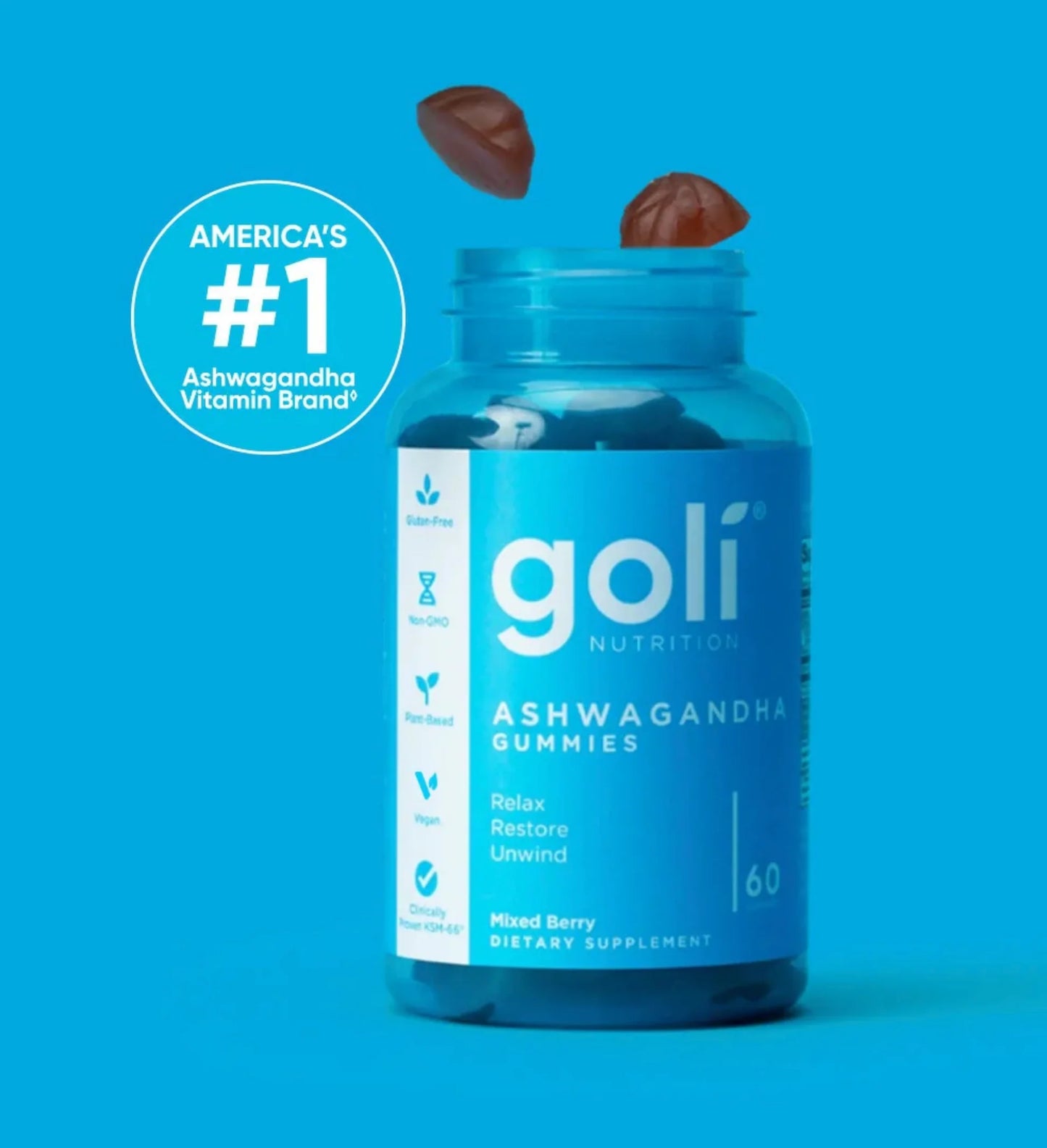 1 Bottle of Goli Ashwagandha & Vitamin D Gummy 60 Count - Relax. Restore. Unwind. (Mixed Berry, KSM-66, Vegan, Plant Based, Non-GMO, Gluten-Free & Gelatin Free)